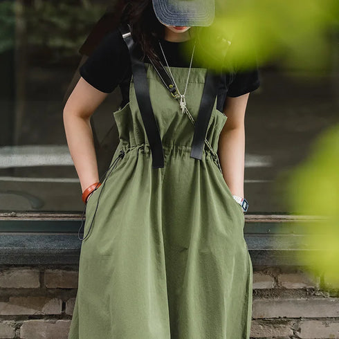 Maden Green Adjustable Strap Dress for Women Suspender Long Skirt Casual Loose Fit Cargo Sleeveless Dress for Summer